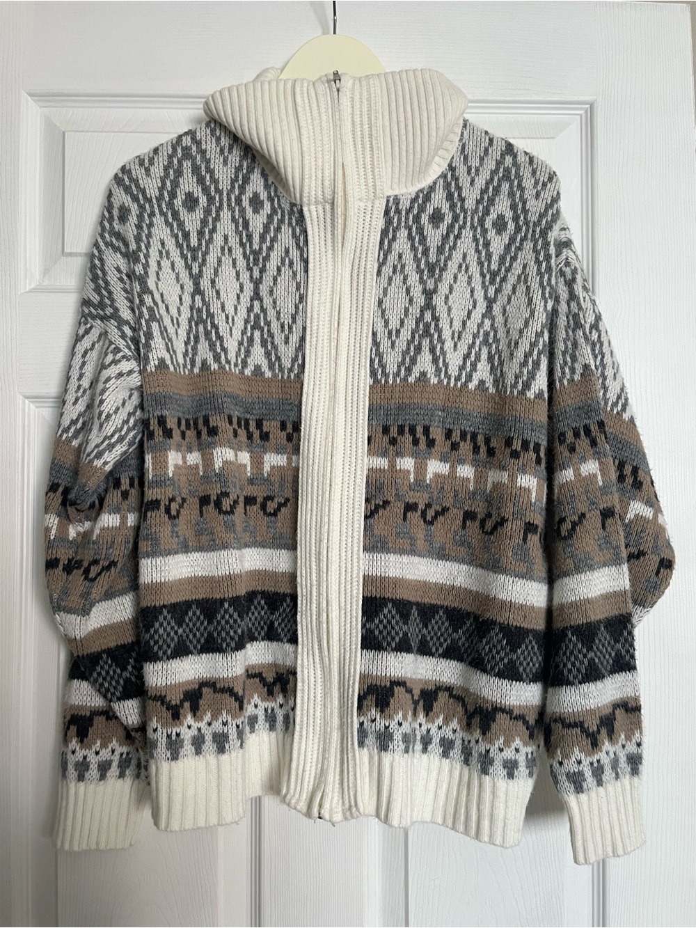 Men's Fair Isle Zip Cardigan in Cream, Gray & Brown